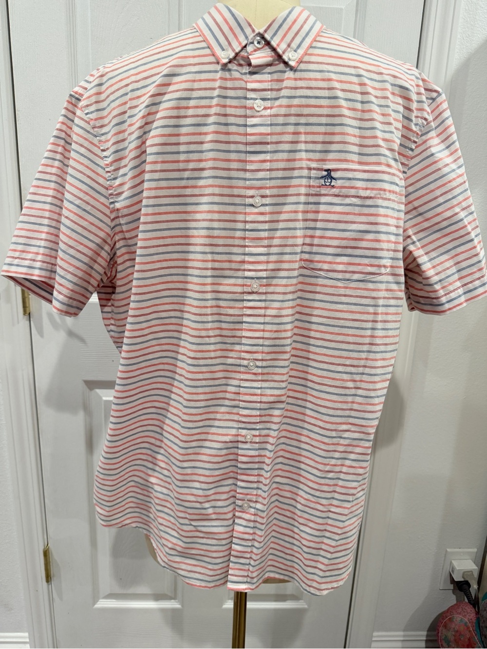 Original Penguin Short-Sleeve Muted Red, White and Blue Striped Button-Down